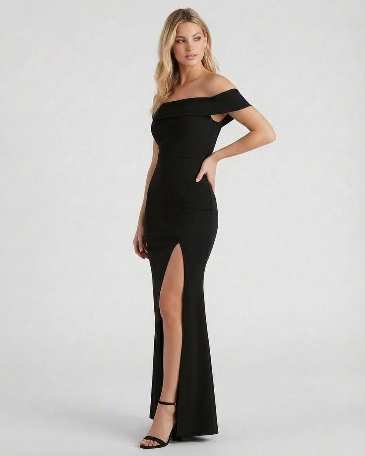 Noiré Maxi Dress by Slimona - Elegant off shoulder black crepe maxi dress with a stylish side slit.