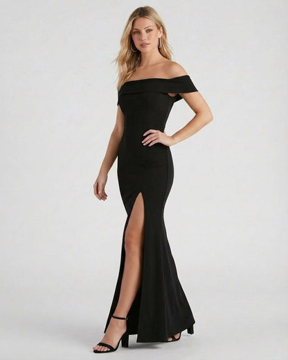 Noiré Maxi Dress by Slimona - Off shoulder black crepe maxi dress with side slit, elegant and sophisticated evening wear.