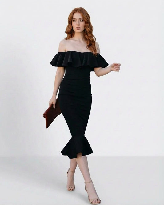Off shoulder ruffled Noiréa Midi Dress by Slimona, featuring a bodycon fit and elegant silhouette.