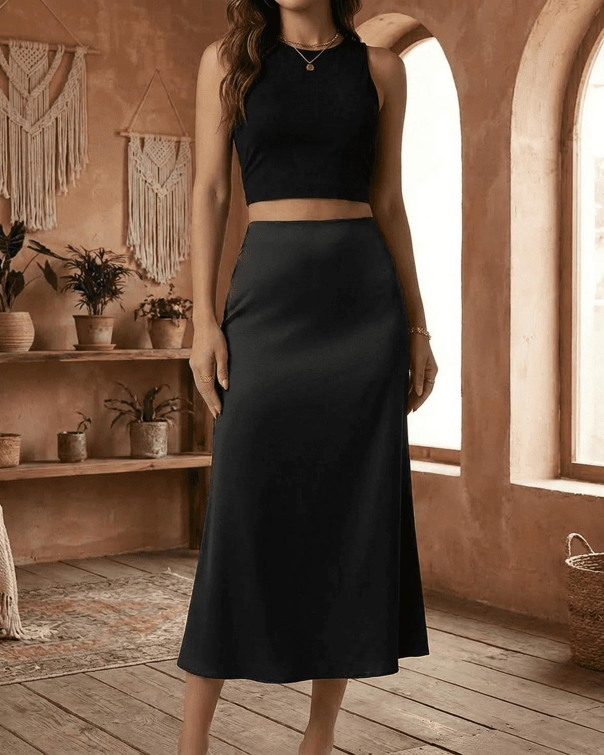 Noirelle Midi Skirt by Slimona - Sleek satin mermaid midi skirt in black, perfect for timeless elegance.