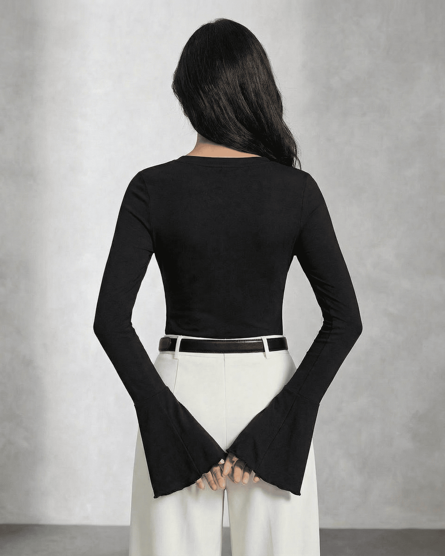 Elegant back view of the Slimona Nova Blouse featuring chic flare sleeves and a slim fit silhouette.