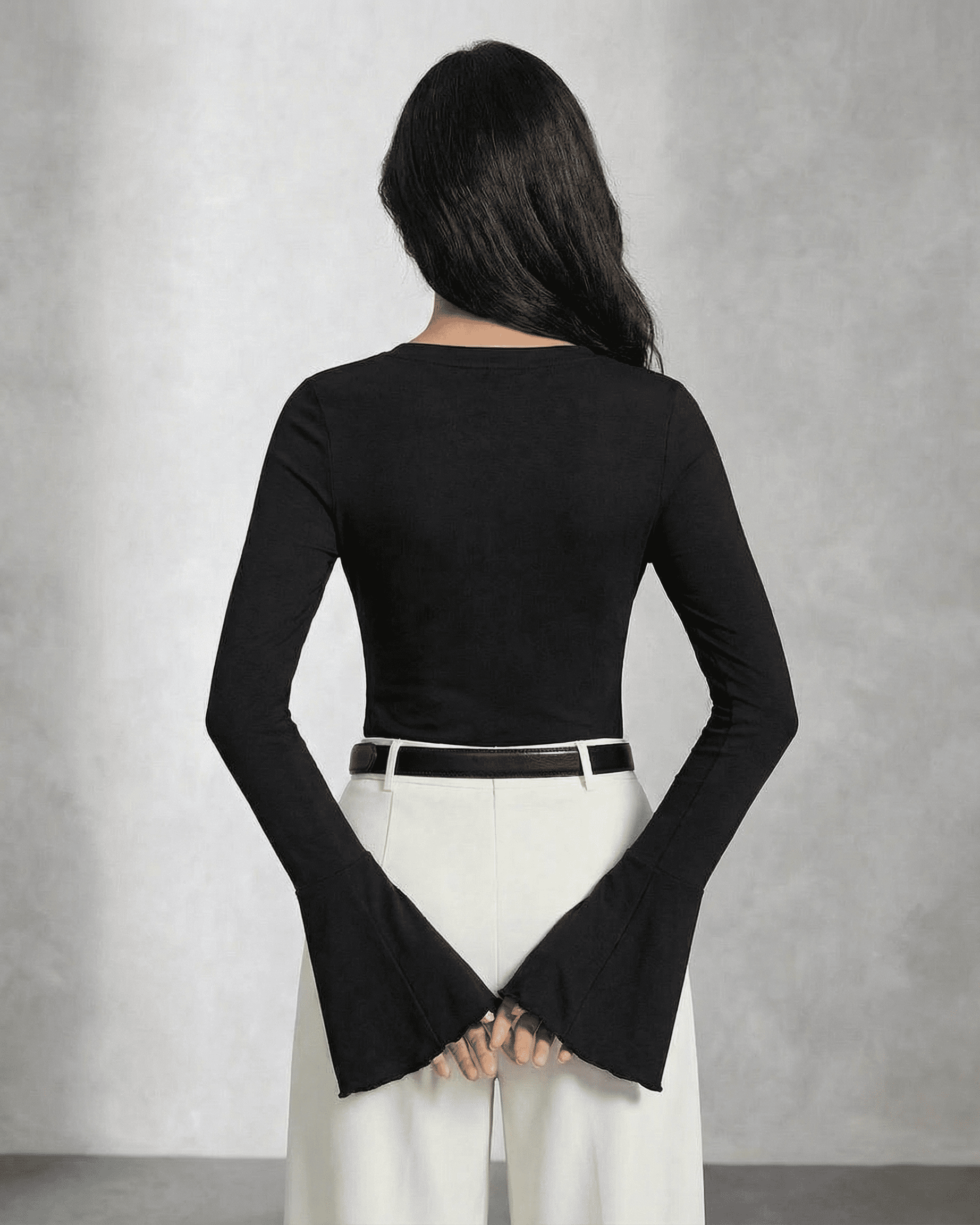 Elegant back view of the Slimona Nova Blouse featuring chic flare sleeves and a slim fit silhouette.