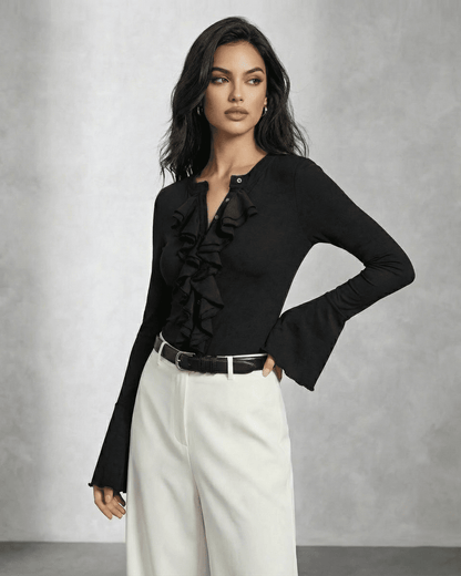 Nova Blouse by Slimona featuring elegant ruffle detail and flare sleeves for a chic, sophisticated look.