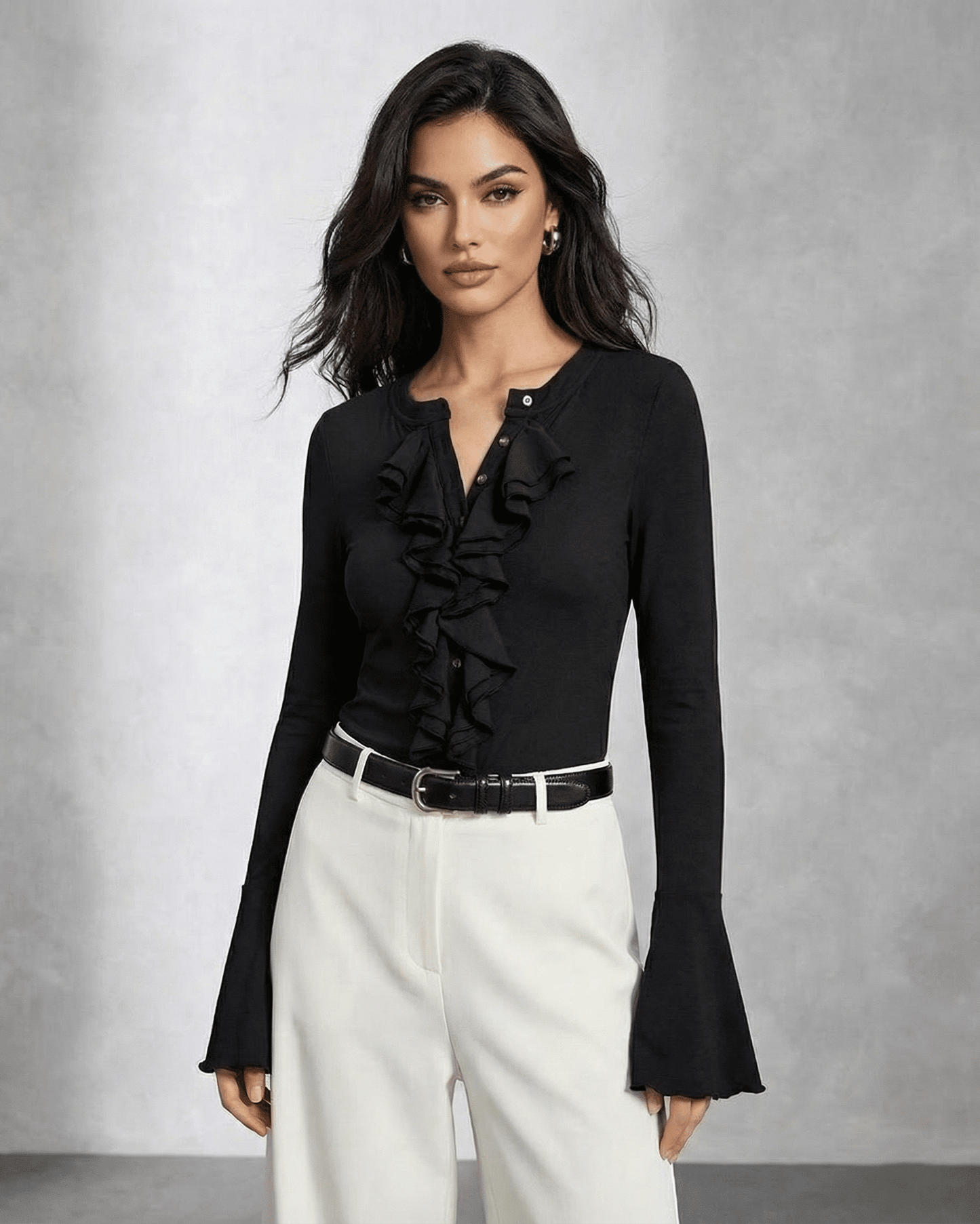 Nova Blouse by Slimona featuring elegant ruffle detail and flare sleeves, ideal for chic style.