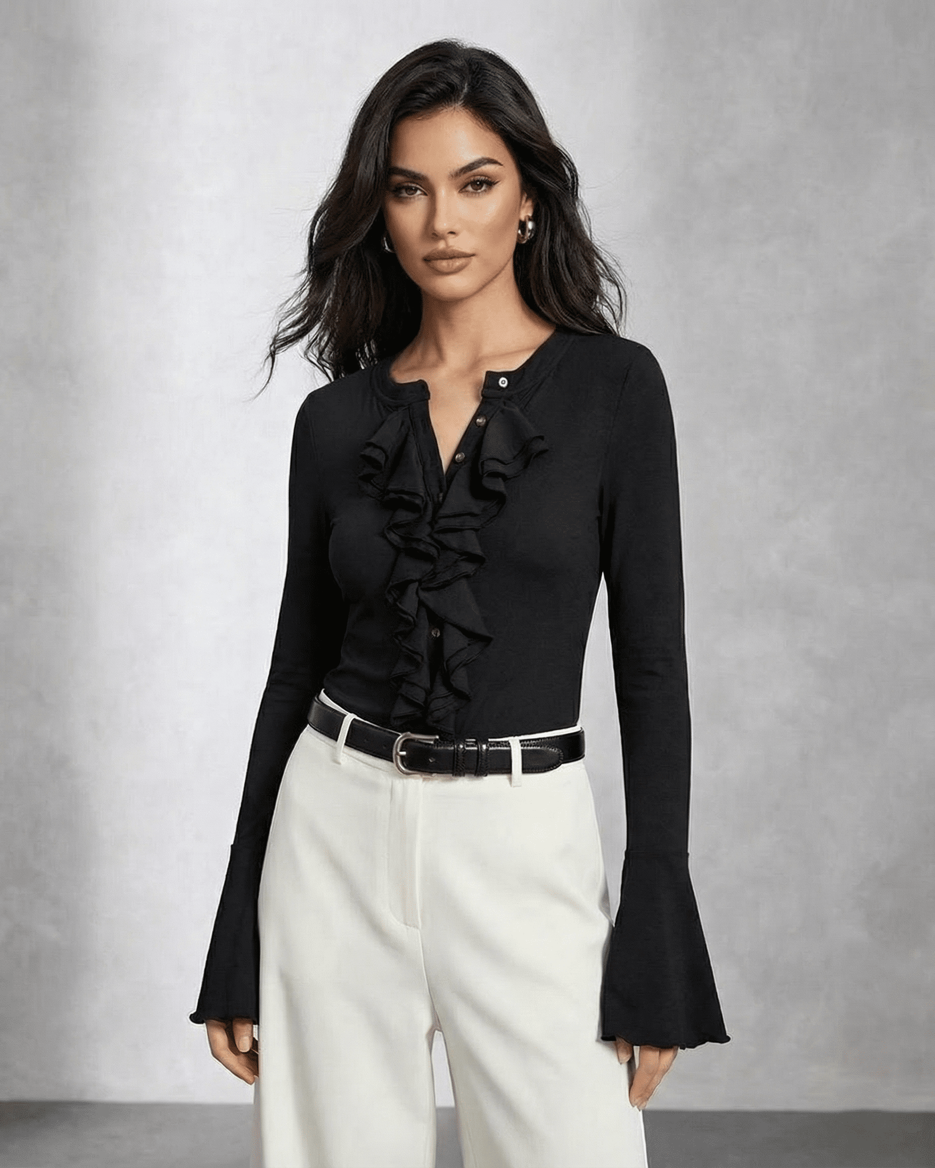 Nova Blouse by Slimona featuring elegant ruffle detail and flare sleeves, ideal for chic style.
