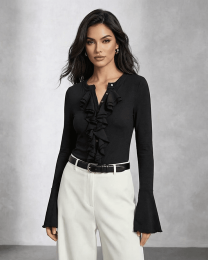 Nova Blouse by Slimona featuring elegant ruffle detail and flare sleeves, ideal for chic style.
