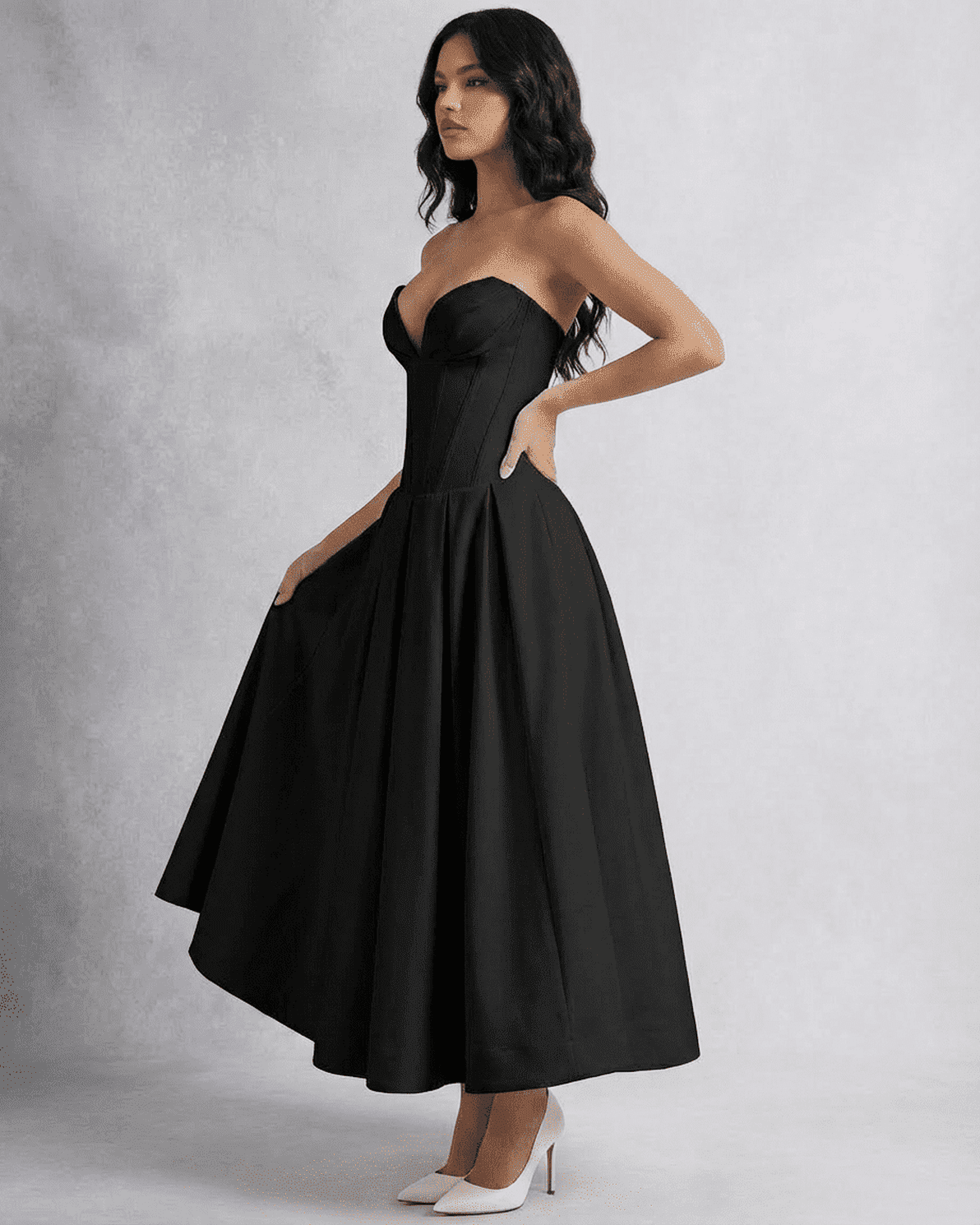 Nova Midi Dress by Slimona, a sleek strapless A-line dress with corset bodice and flowing skirt, perfect for formal events.