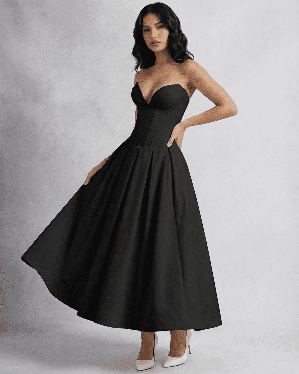 Nova Midi Dress by Slimona – Elegant strapless corset A-line design, perfect for formal events and parties.