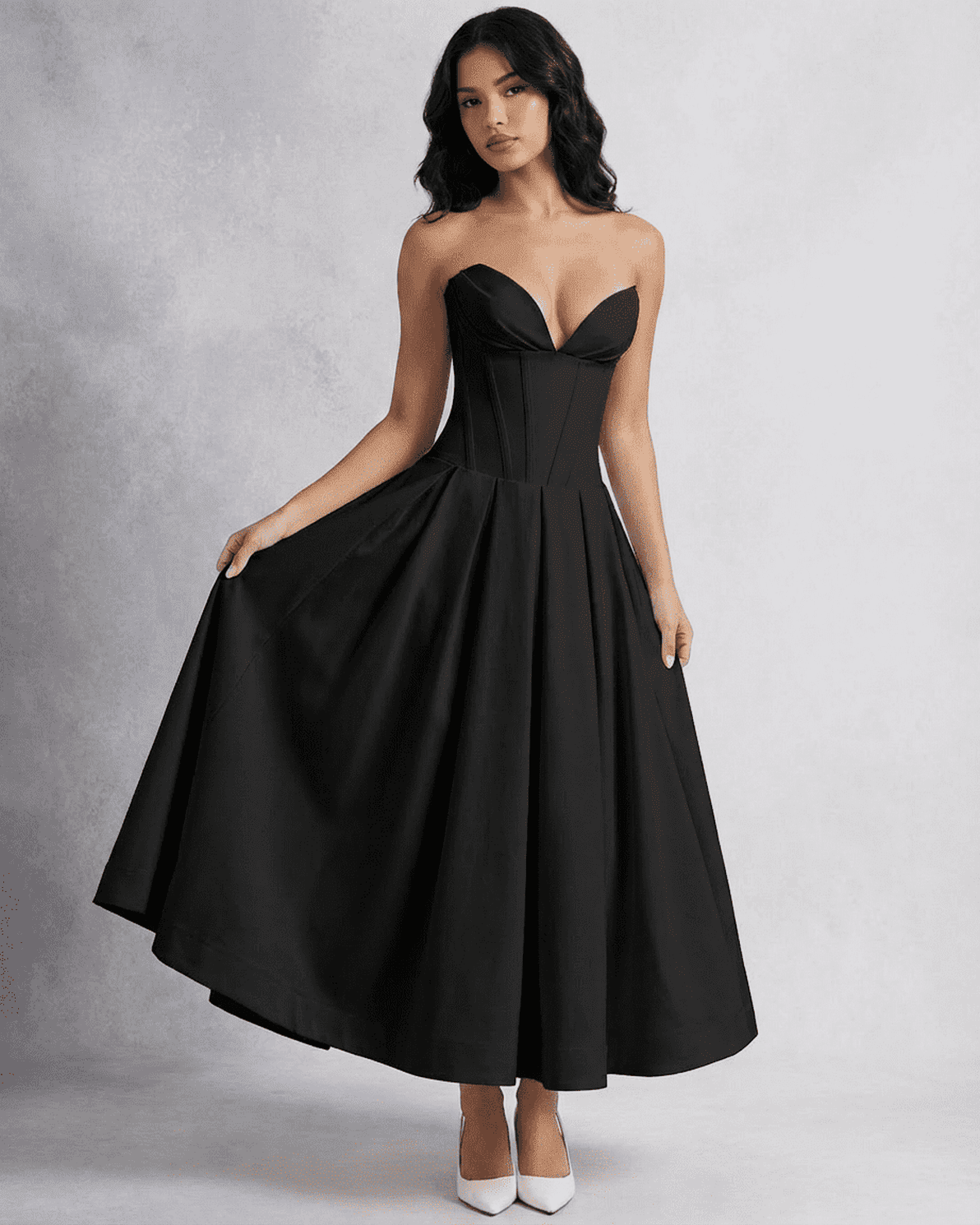 Nova Midi Dress by Slimona – Elegant black strapless corset A-line dress with a flowing skirt.