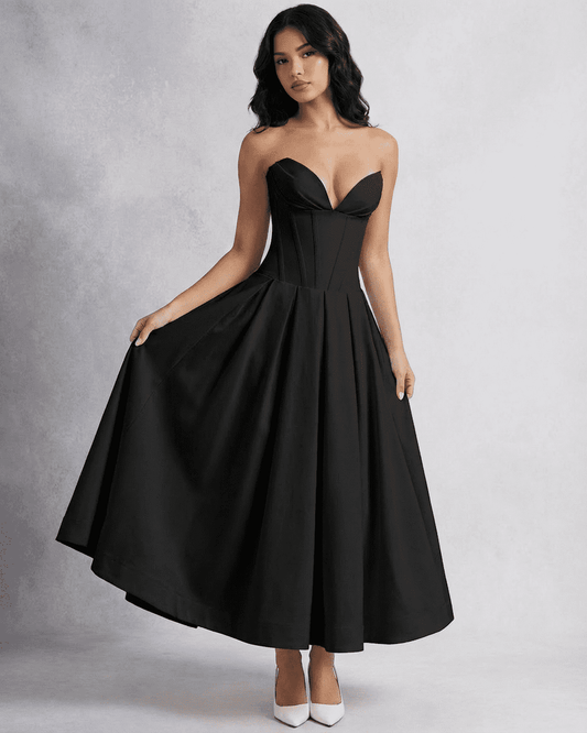 Nova Midi Dress by Slimona – Elegant black strapless corset A-line dress with a flowing skirt.