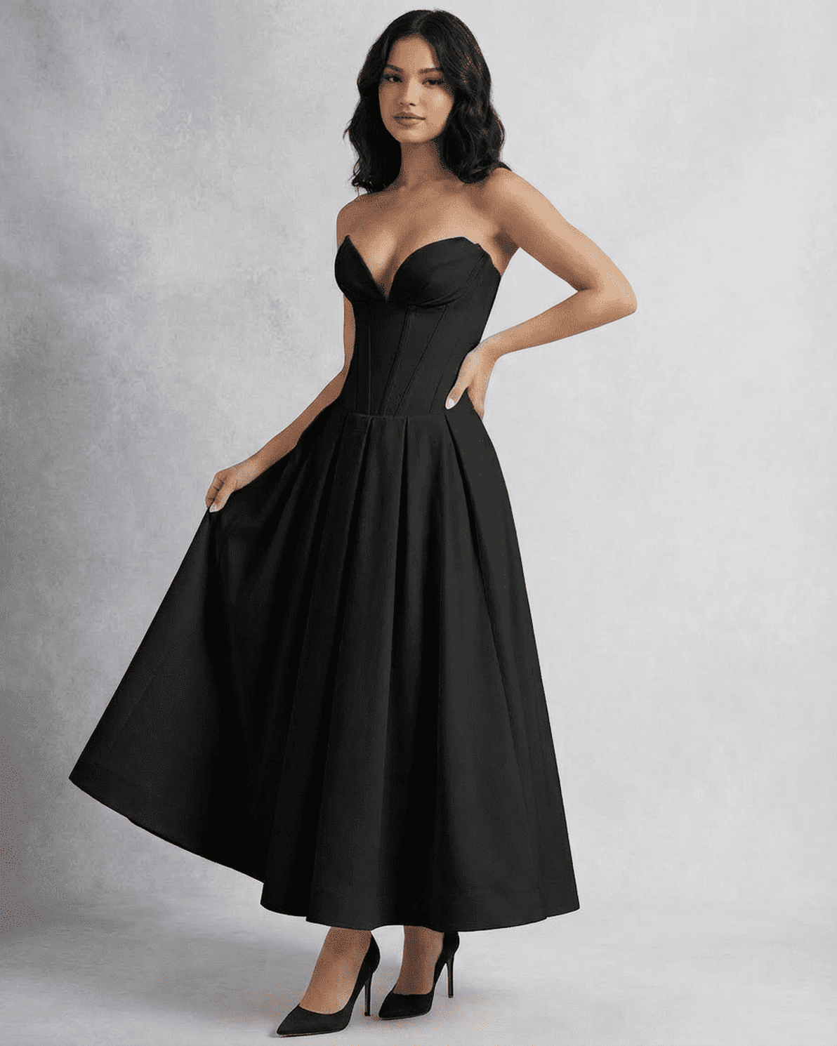 Nova Midi Dress by Slimona - Sleek strapless corset A-line dress with a flowing maxi skirt.