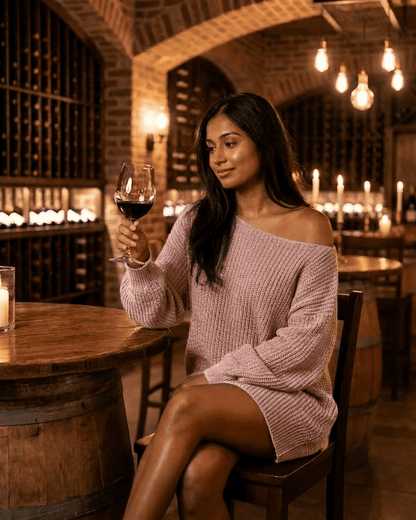 Model enjoying a glass of wine while wearing the Slimona Nova Mini Dress in a cozy wine cellar.