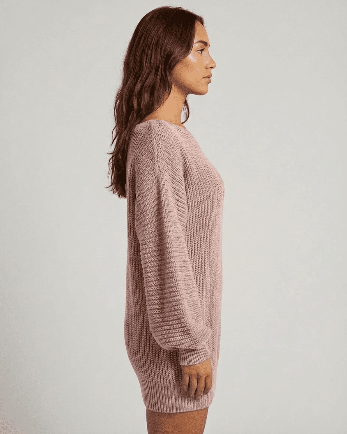 Nova Mini Dress by Slimona in soft pink ribbed knit showcasing an off-the-shoulder design and lantern sleeves.