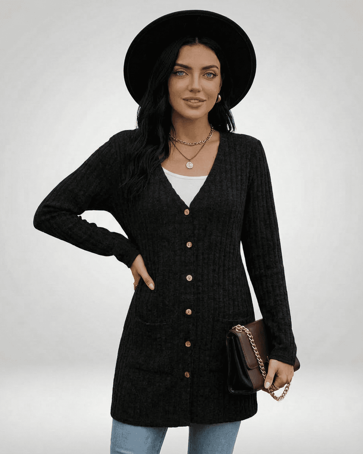 Nyx Cardigan by Slimona, a stylish longline button-front knitwear cardigan for women.