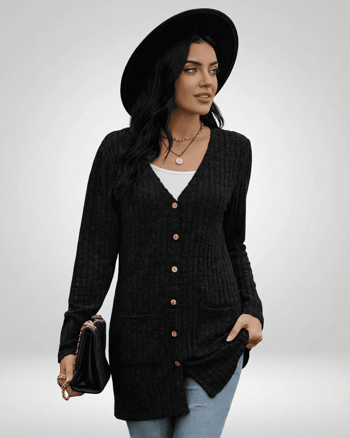 Nyx Cardigan by Slimona, a stylish longline knitwear cardigan in black with button-front design and V-neckline.