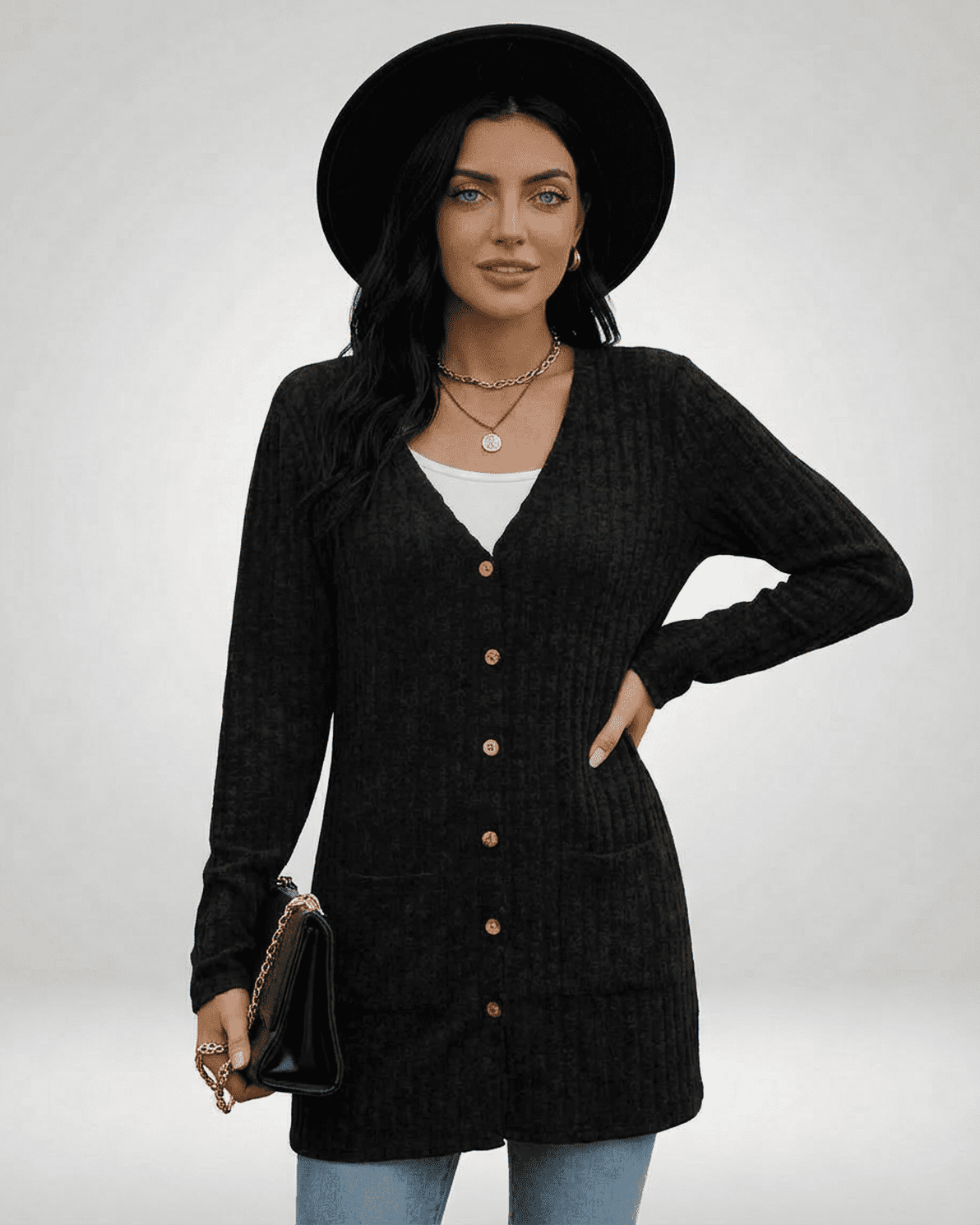 Model wearing Nyx Cardigan by Slimona, featuring a longline silhouette and button-front design.