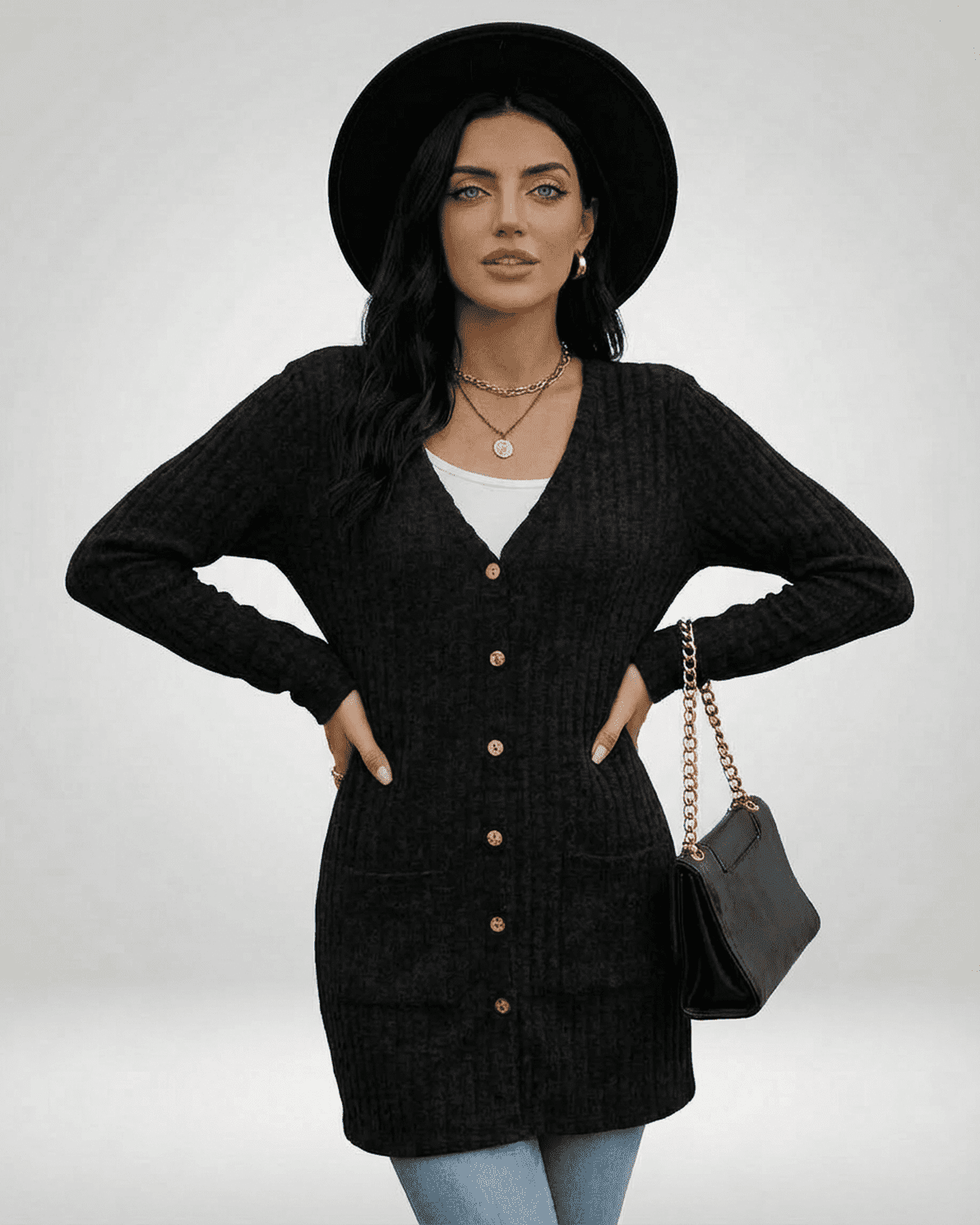 Nyx Cardigan by Slimona featuring a longline silhouette, button front, and V-neck design, perfect for stylish everyday wear.