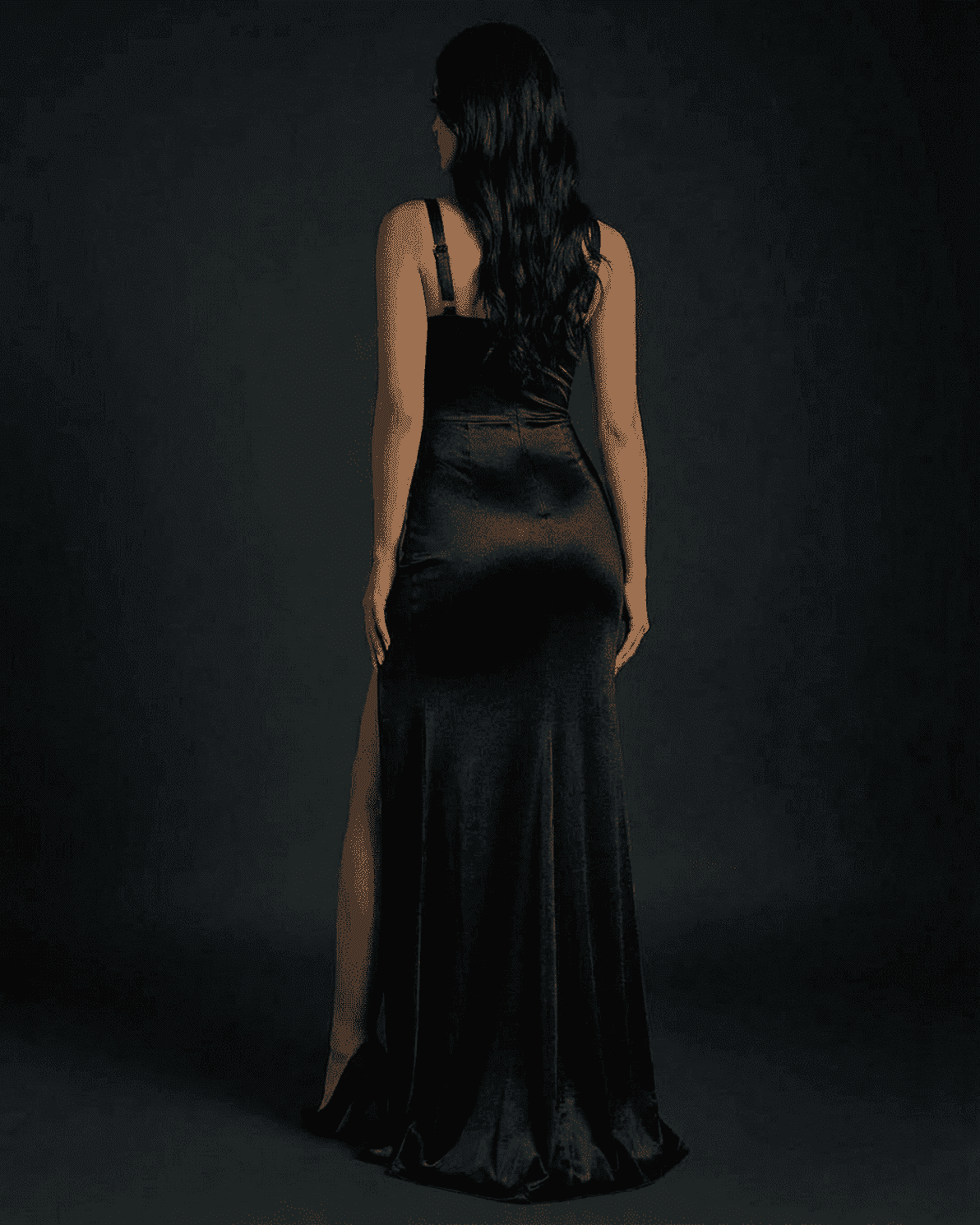 Back view of the elegant Nyx Maxi Dress by Slimona featuring a square neck and mermaid silhouette.