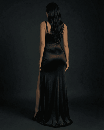 Back view of the elegant Nyx Maxi Dress by Slimona featuring a square neck and mermaid silhouette.