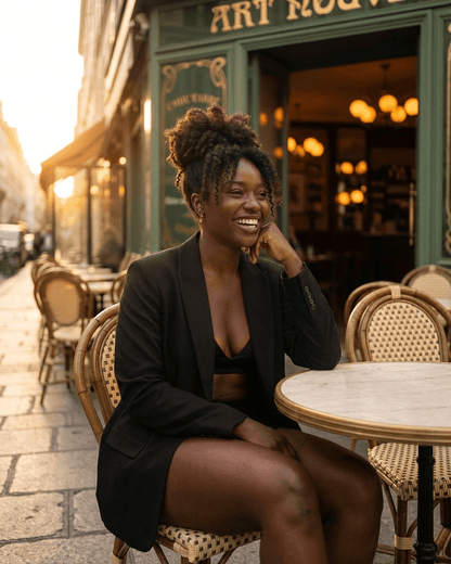 Smiling woman in black Obsidia Blazer by Slimona at outdoor café, showcasing modern tailored style.
