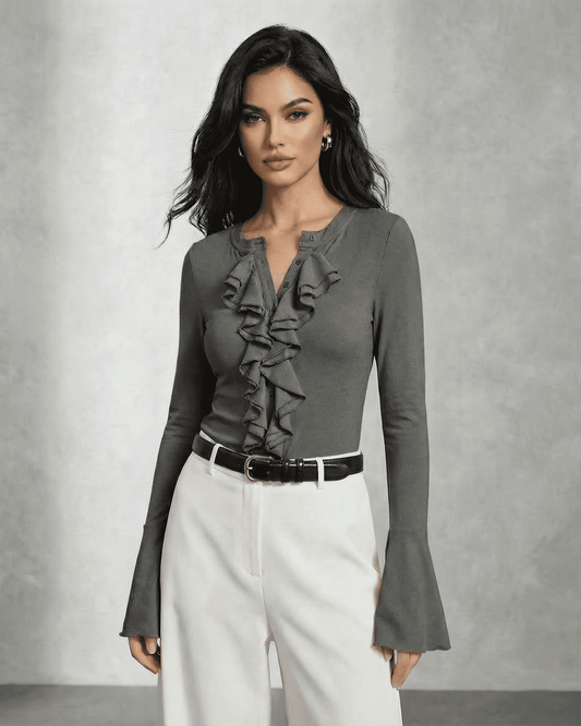 Orion Blouse by Slimona in Modern Charcoal Gray featuring ruffle front and flare sleeves.
