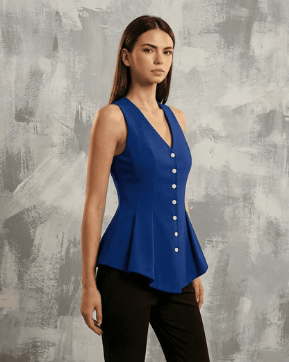 Orion Blouse by Slimona in deep blue, featuring a tailored sleeveless V-neck design with a peplum fit.