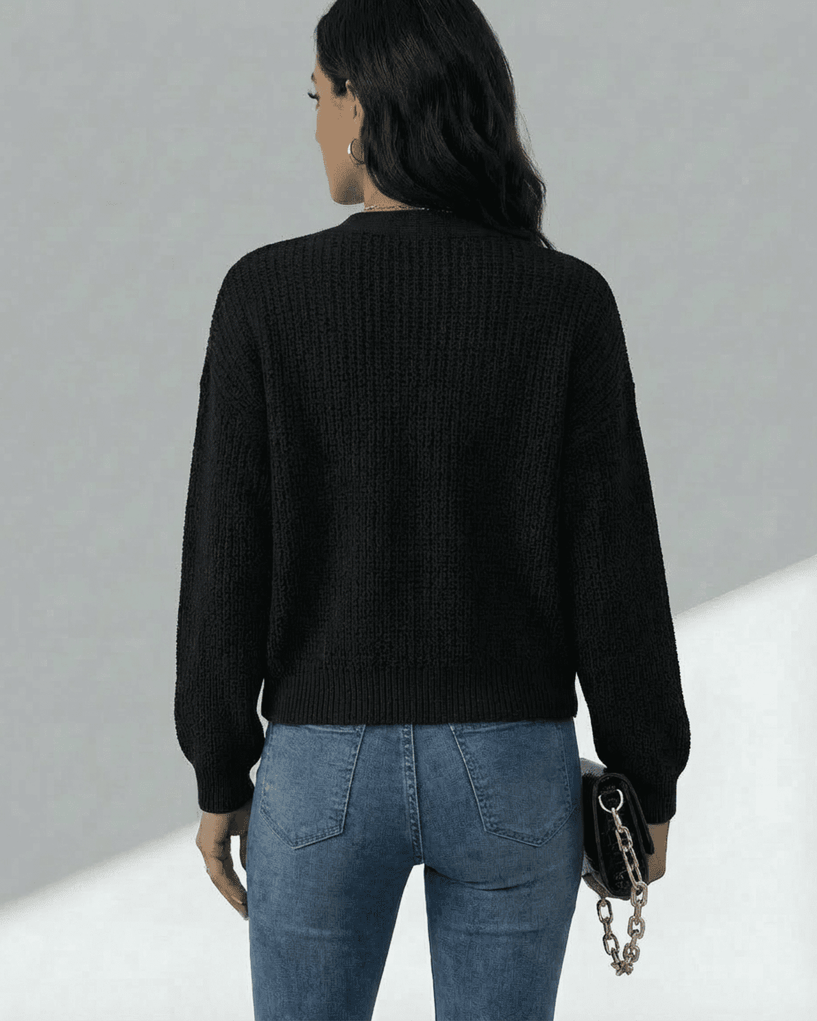 Orion Cardigan by Slimona, showcasing the back view of a modern long sleeve black knitwear design.
