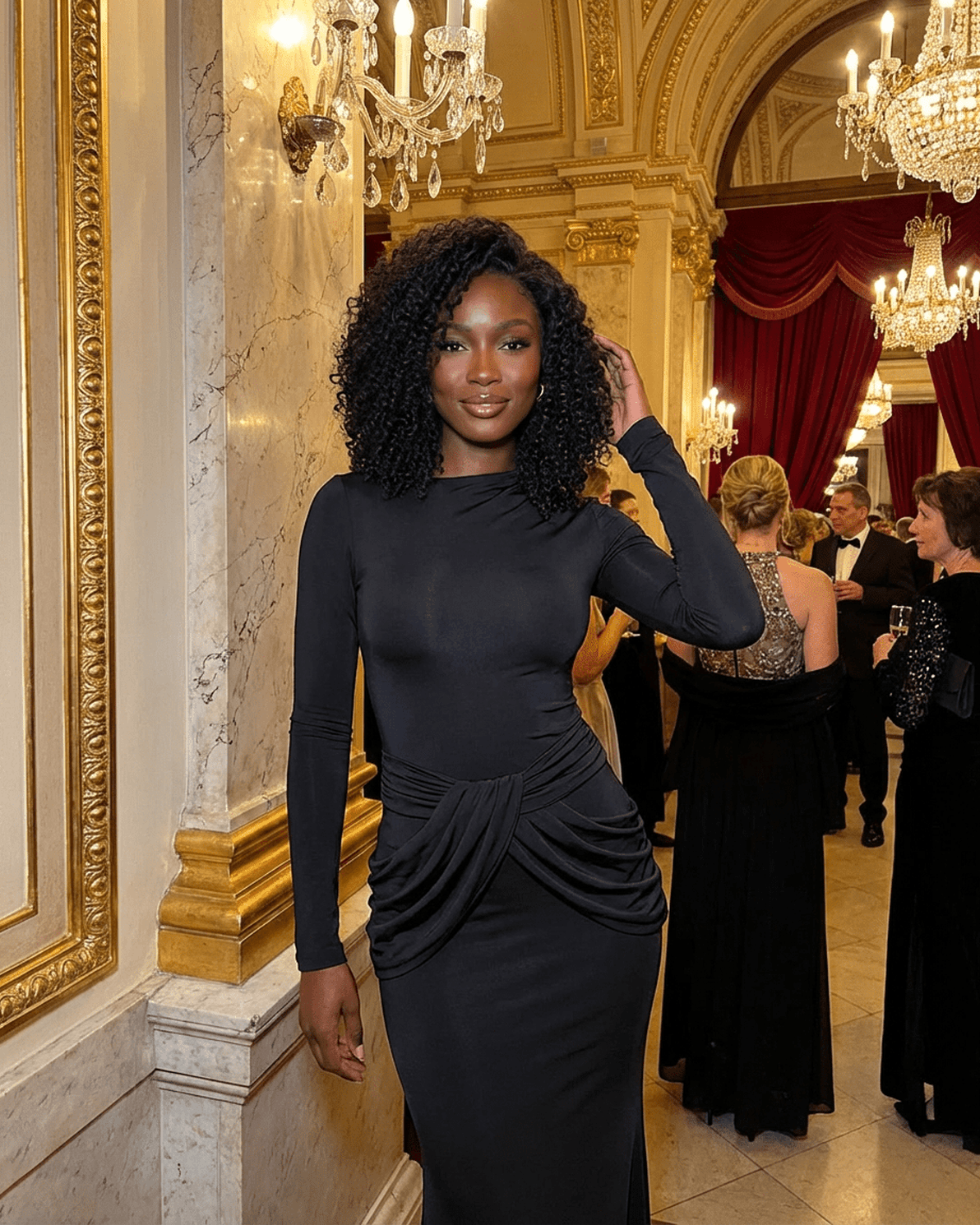 Model wearing the Orion Maxi Dress by Slimona, showcasing its elegant long sleeve design and ruched waist detail.