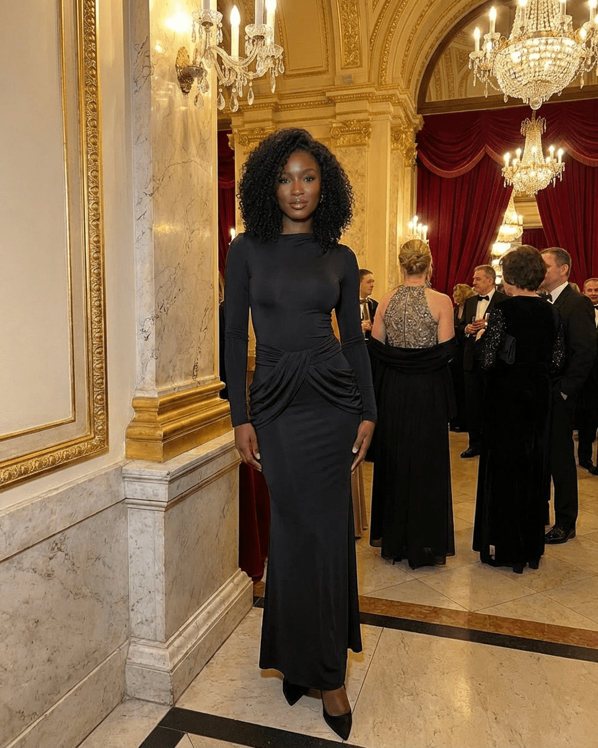 Orion Maxi Dress by Slimona, showcasing long sleeve crew neck silhouette with ruched high waist detail in elegant setting.