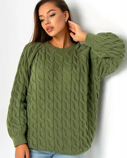 Orion Sweater by Slimona: Oversized green knit with a timeless cable design, perfect for stylish, comfortable wear.