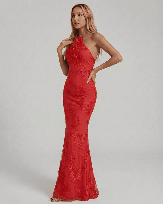 Rosalia Maxi Dress by Slimona, elegant halter neck design featuring 3D floral appliqué in a stunning red finish.