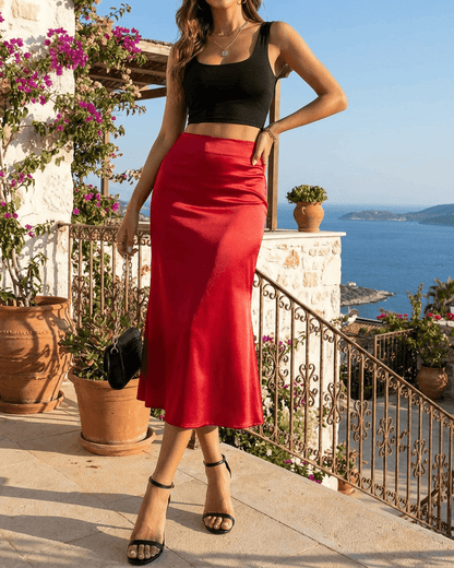 Rosalia Midi Skirt by Slimona - Elegant satin mermaid midi skirt in rich red, perfect for a chic summer look.