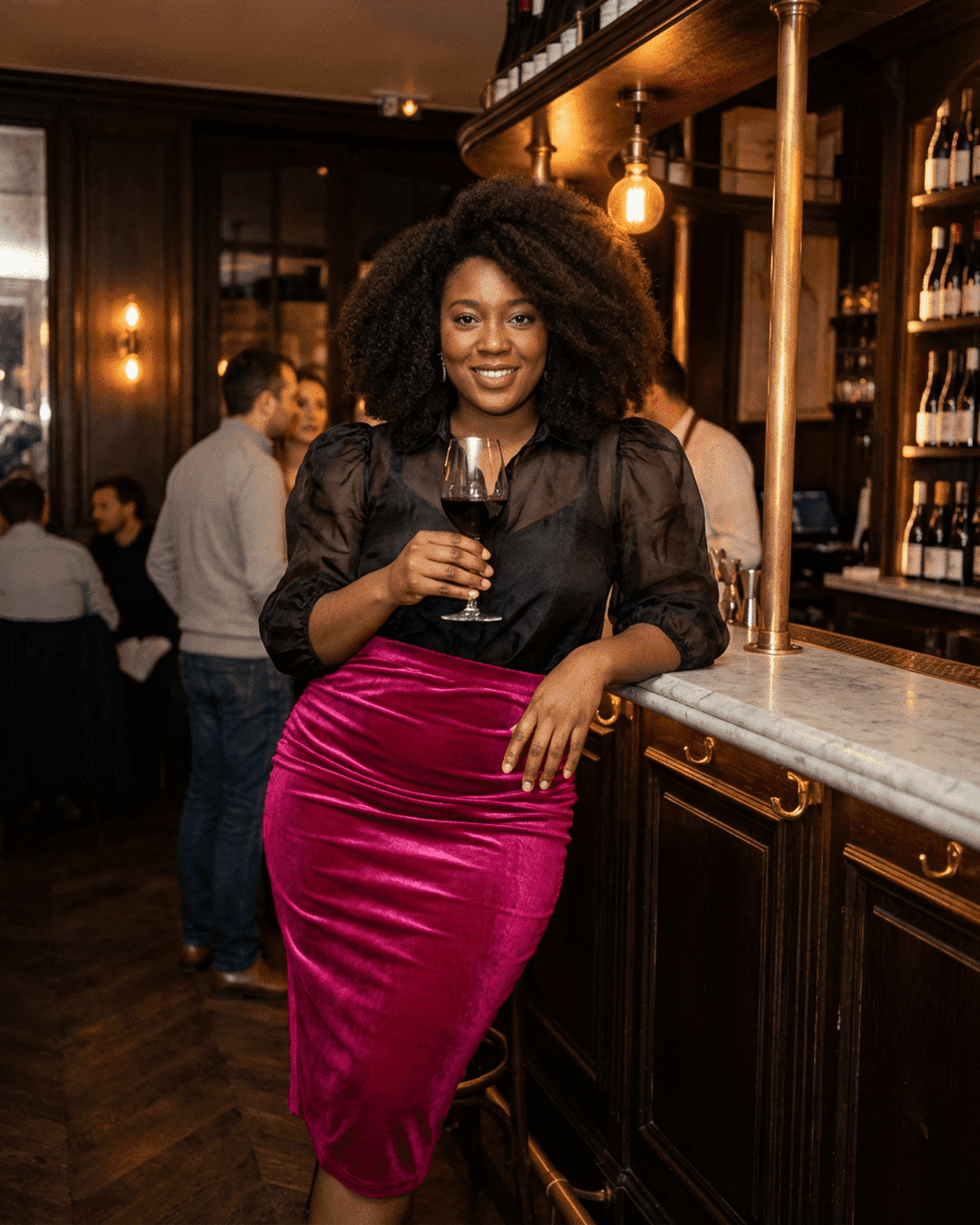 Woman wearing Rosalia Midi Skirt by Slimona, high-waisted velvet pencil skirt with elegant back slit.