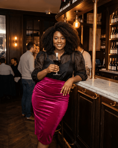 Woman wearing Rosalia Midi Skirt by Slimona, high-waisted velvet pencil skirt with elegant back slit.