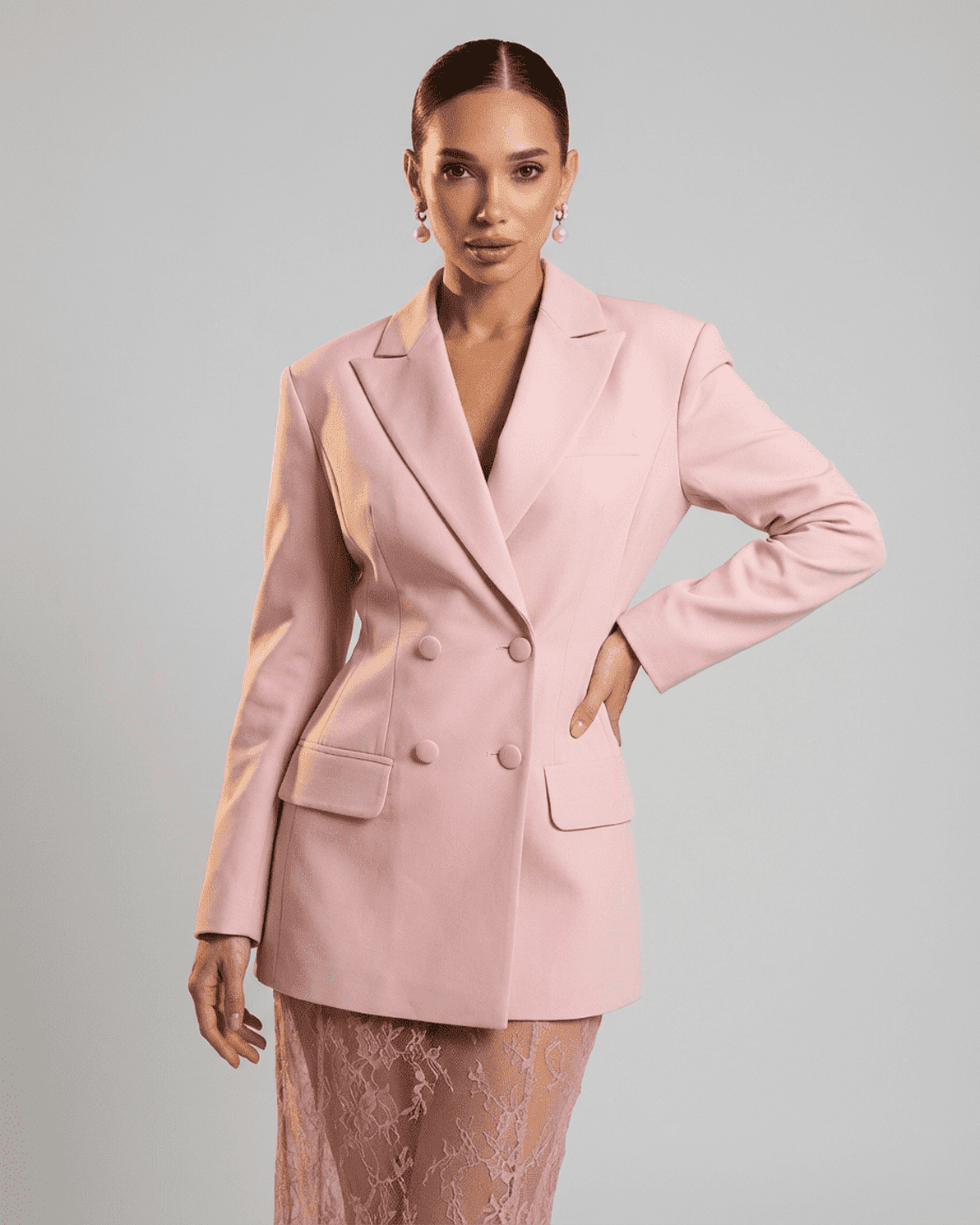 Rosalie Blazer by Slimona, a pink double-breasted women's blazer showcasing a tailored silhouette and sharp lapels.