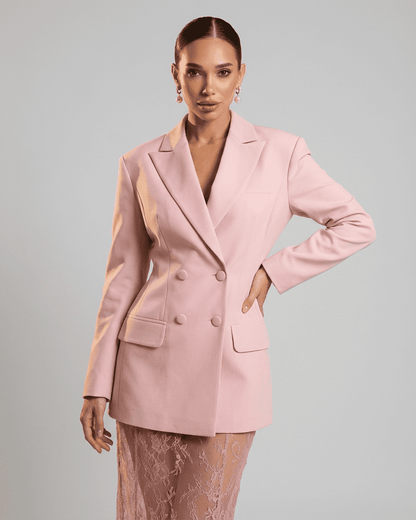 Rosalie Blazer by Slimona, a pink double-breasted women's blazer showcasing a tailored silhouette and sharp lapels.