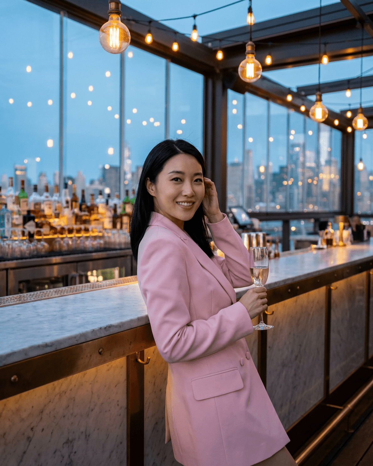 Rosalie Blazer worn by a woman holding a champagne glass in a chic bar setting, showcasing the Slimona brand.