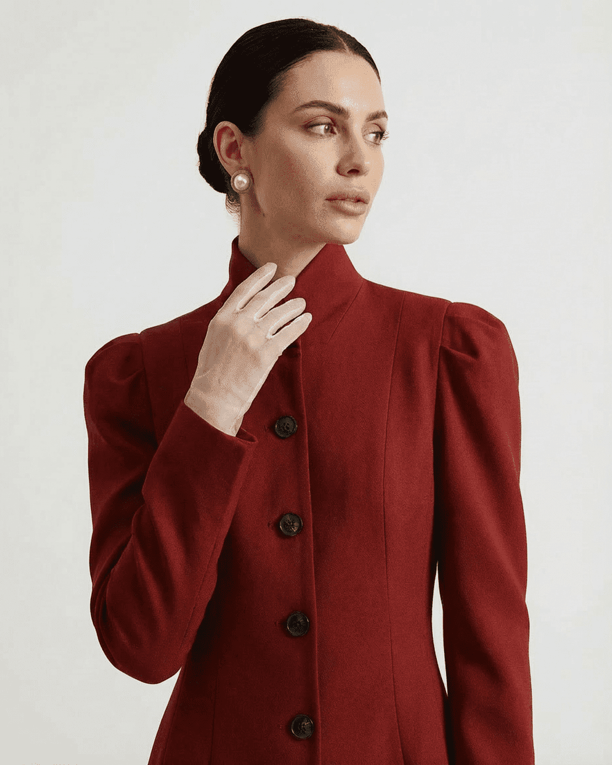 Rougeon Blazer by Slimona, featuring a stand collar and structured puff sleeves in elegant red.