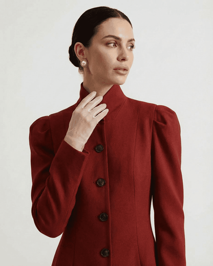Rougeon Blazer by Slimona, featuring a stand collar and structured puff sleeves in elegant red.