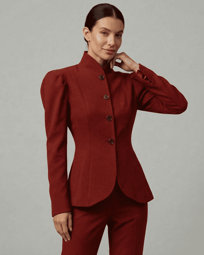 Rougeon Blazer by Slimona features a stand collar and puff sleeves in elegant red, perfect for sophisticated workwear.