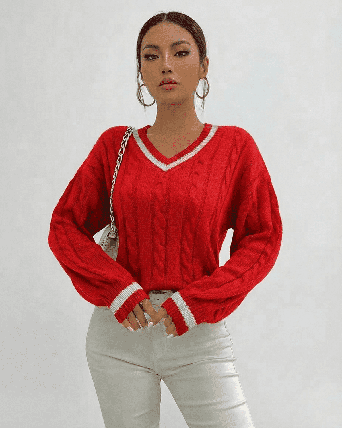 Ruby Sweater by Slimona - Cable Knit V-Neck Pullover in bold red, perfect for fall and winter fashion.
