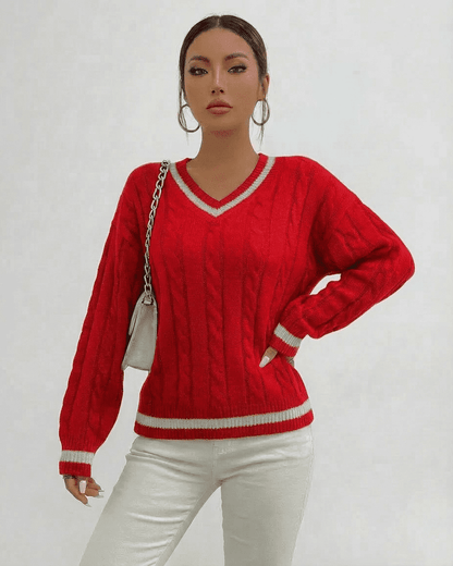 Ruby Sweater by Slimona - Stylish cable knit V-neck pullover in vibrant red for a chic winter look.