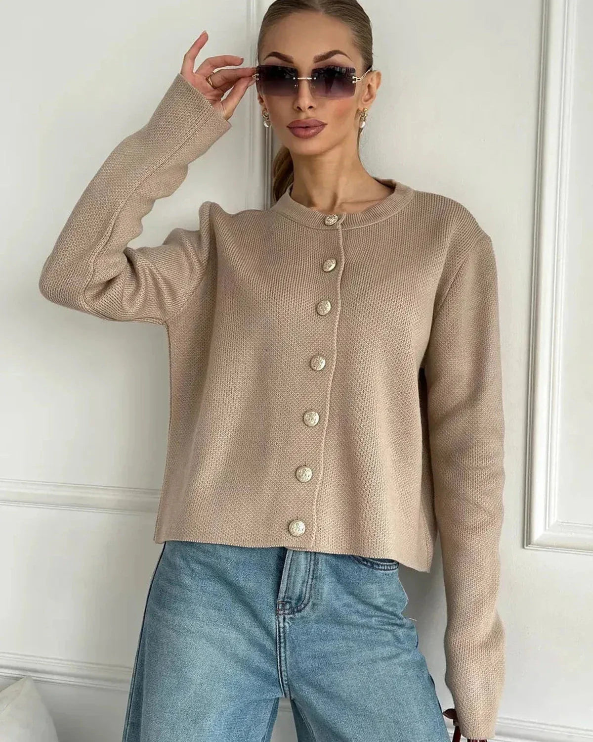 Sable Cardigan by Slimona, stylish cropped beige knitwear with button details, perfect for trendy women's fashion.