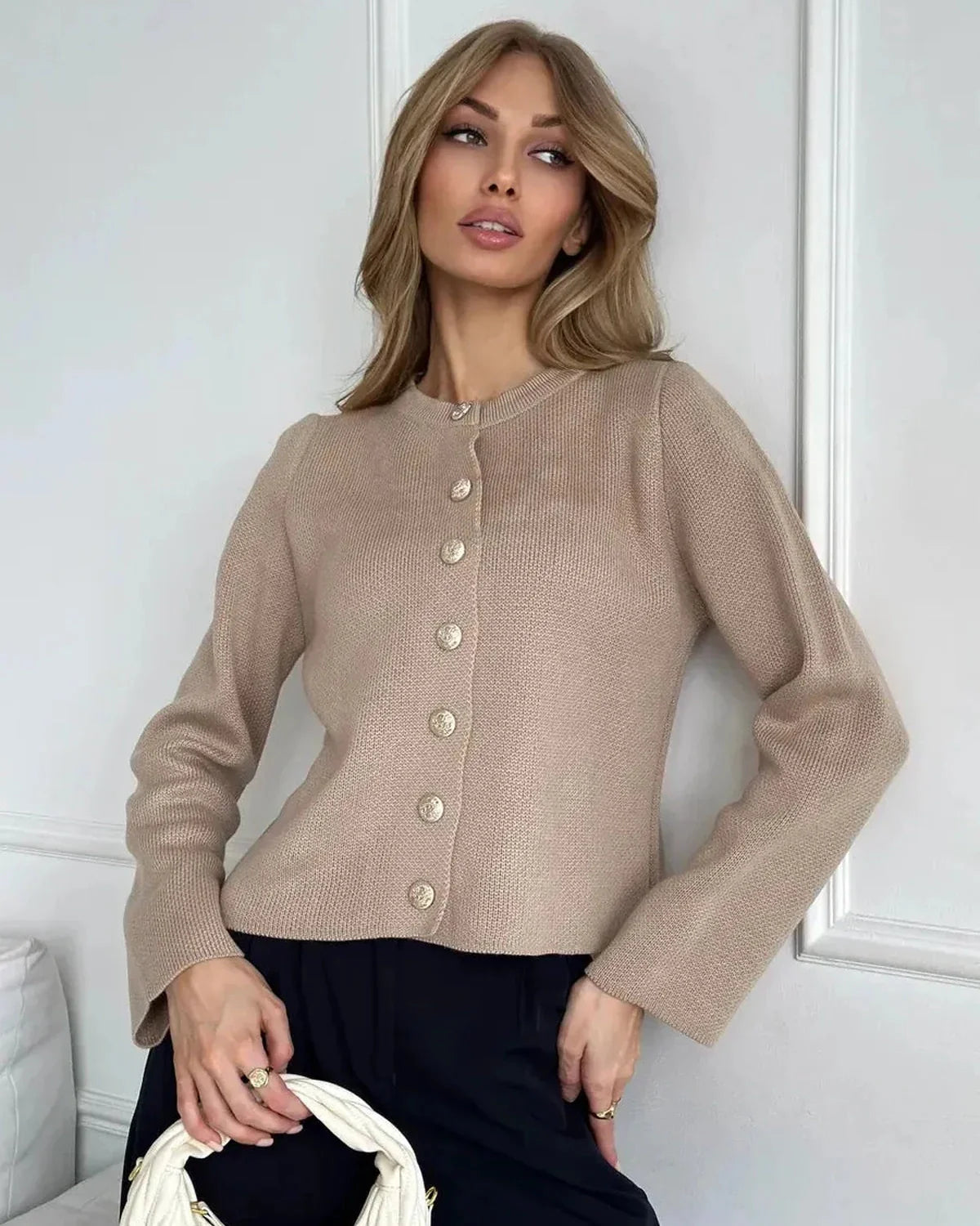 Sable Cardigan by Slimona - Breathable cropped knitwear in solid beige, perfect for stylish comfort.