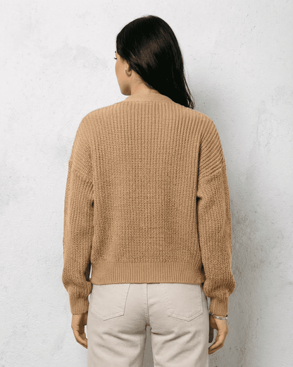 Back view of the Saffron Cardigan by Slimona, showcasing its relaxed fit and stylish knit texture.