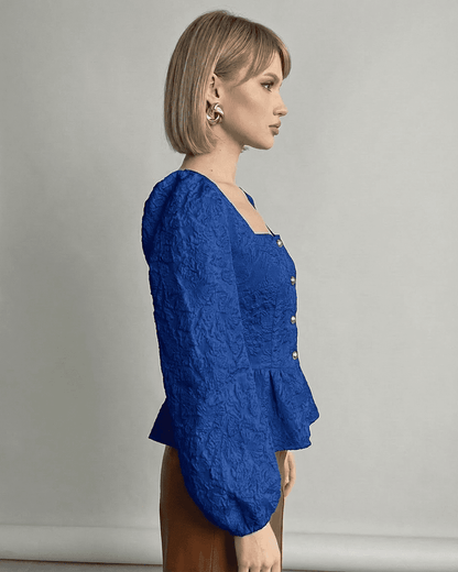 Sapphire Corset Top by Slimona, featuring a jacquard texture and structured square neckline in a deep blue tone.