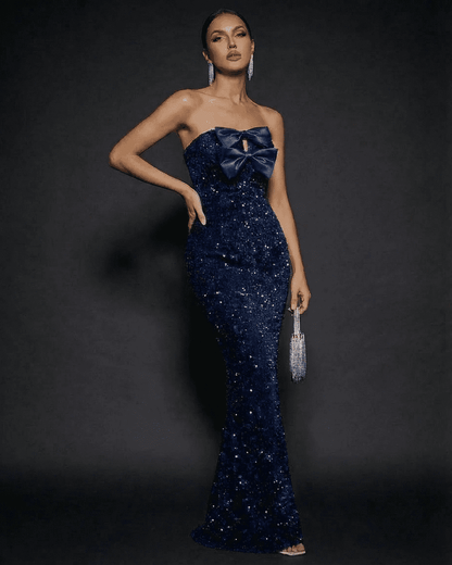 Sapphire Maxi Dress by Slimona, strapless sequin party dress with a satin bow detail, perfect for elegant occasions.