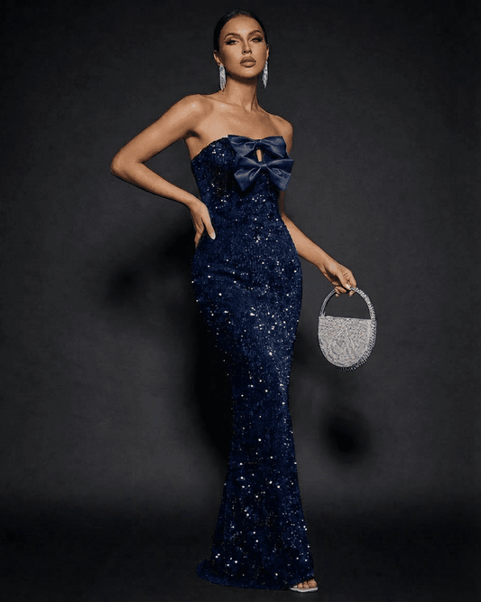 Sapphire Maxi Dress by Slimona, strapless with sequin design and satin bow, perfect for glamorous parties.