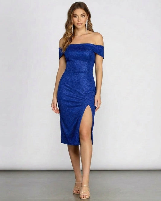 Sapphirea Midi Dress by Slimona - Off Shoulder Glitter Midi Dress with Front Slit in vibrant blue.