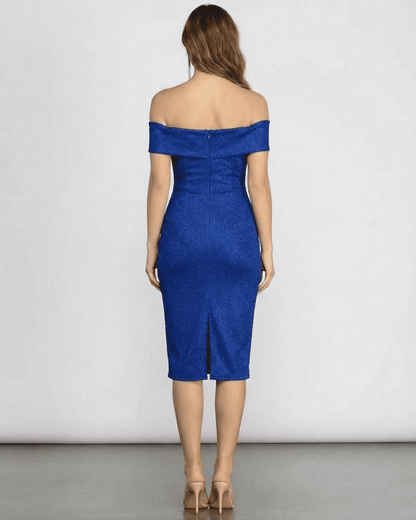 Sapphirea Midi Dress by Slimona - Off shoulder back view showcasing sleek silhouette in glitter blue.